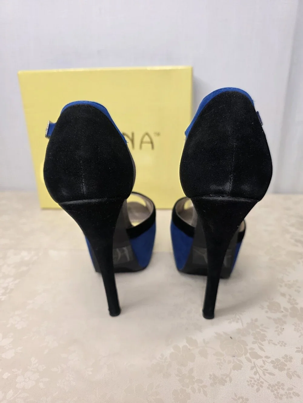 Liliana Colorblock Platform Heels Blue Black Grey Ankle Strap Stilettos 7.5